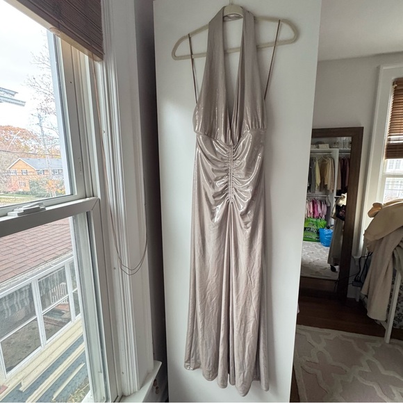 ZARA | Gold Lamé Halter Maxi Dress Backless Evening Gown - Picture 5 of 16